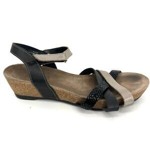 Munro Women's Eden Black Sliver Snakeskin‎ Slingback Cork Wedge Sandals 8
